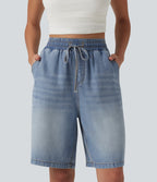 High Waisted Drawstring Denim Casual Shorts 9'' with Pockets — Malibu Blue Denim — view 1