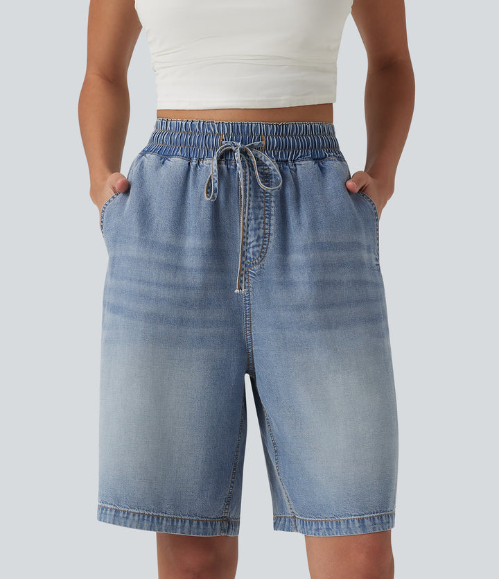 High Waisted Drawstring Denim Casual Shorts 9'' with Pockets — Malibu Blue Denim — view 1