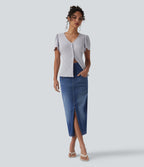 High Waisted Tummy Control Denim Midi Casual Skirt with Pockets — Tide Blue Denim — view 6