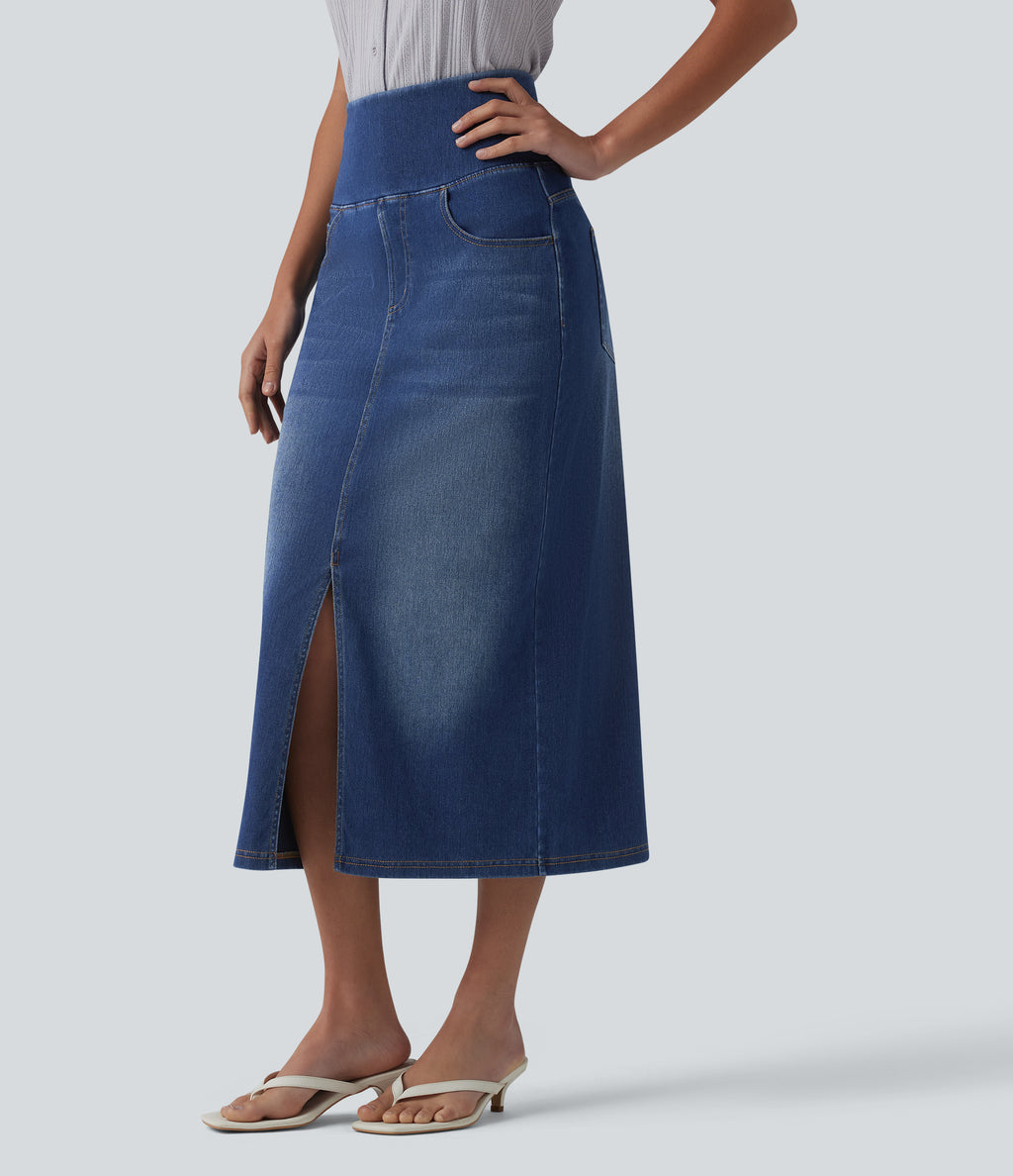 High Waisted Tummy Control Denim Midi Casual Skirt with Pockets — Tide Blue Denim — view 3