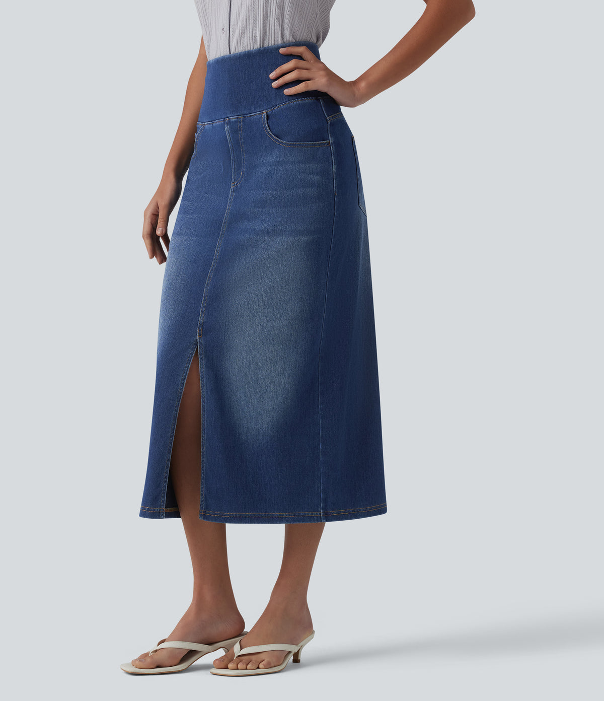 High Waisted Tummy Control Denim Midi Casual Skirt with Pockets — Tide Blue Denim — view 3
