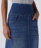 High Waisted Tummy Control Denim Midi Casual Skirt with Pockets — Tide Blue Denim — view 5