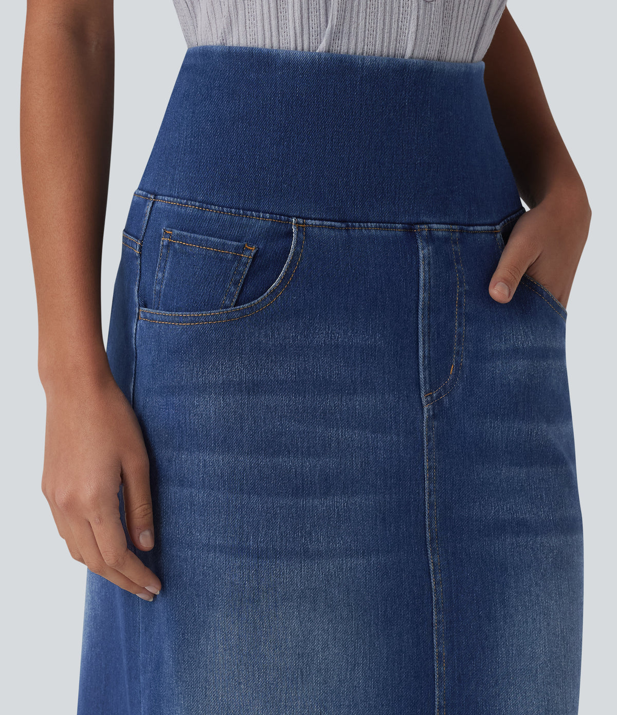 High Waisted Tummy Control Denim Midi Casual Skirt with Pockets — Tide Blue Denim — view 5