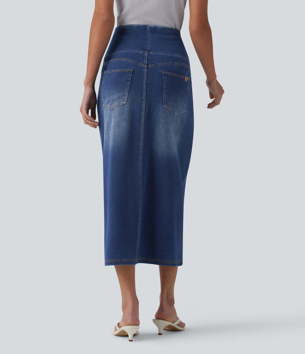 High Waisted Tummy Control Denim Midi Casual Skirt with Pockets — Tide Blue Denim — view 2