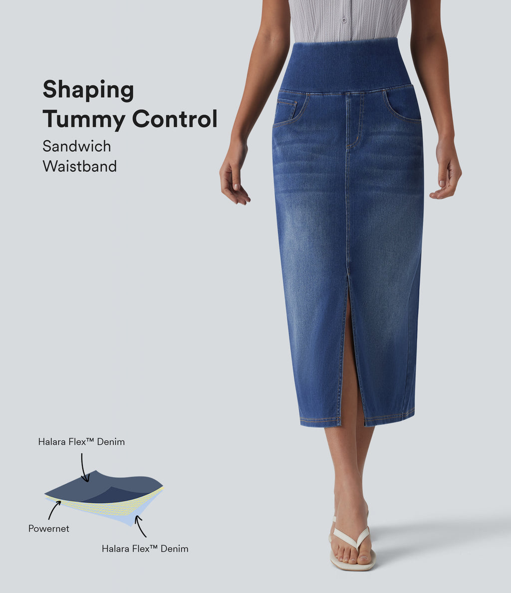High Waisted Tummy Control Denim Midi Casual Skirt with Pockets — Tide Blue Denim — view 1