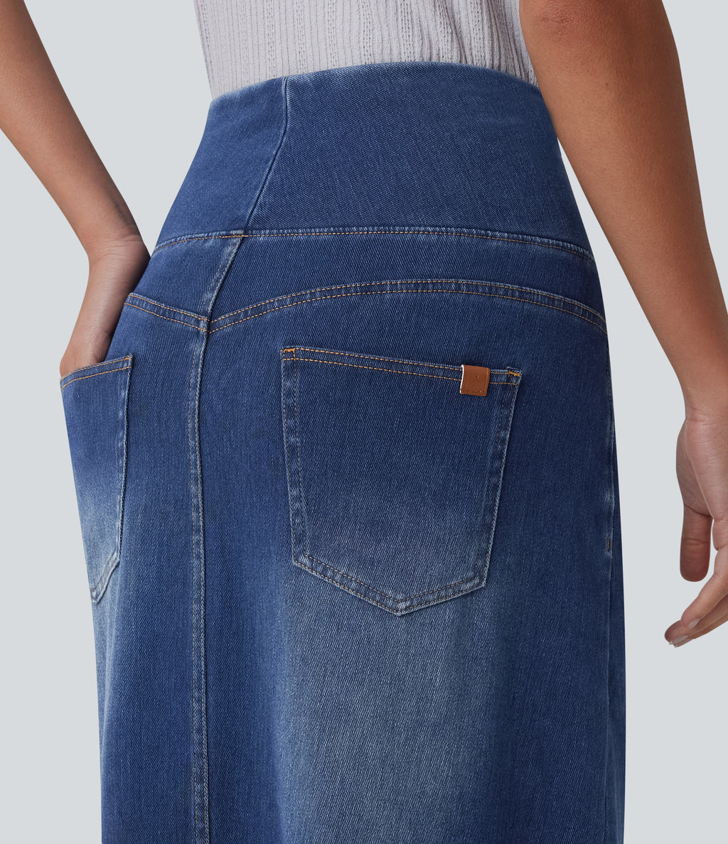 High Waisted Tummy Control Denim Midi Casual Skirt with Pockets — Tide Blue Denim — view 4