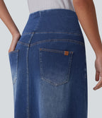 High Waisted Tummy Control Denim Midi Casual Skirt with Pockets — Tide Blue Denim — view 4