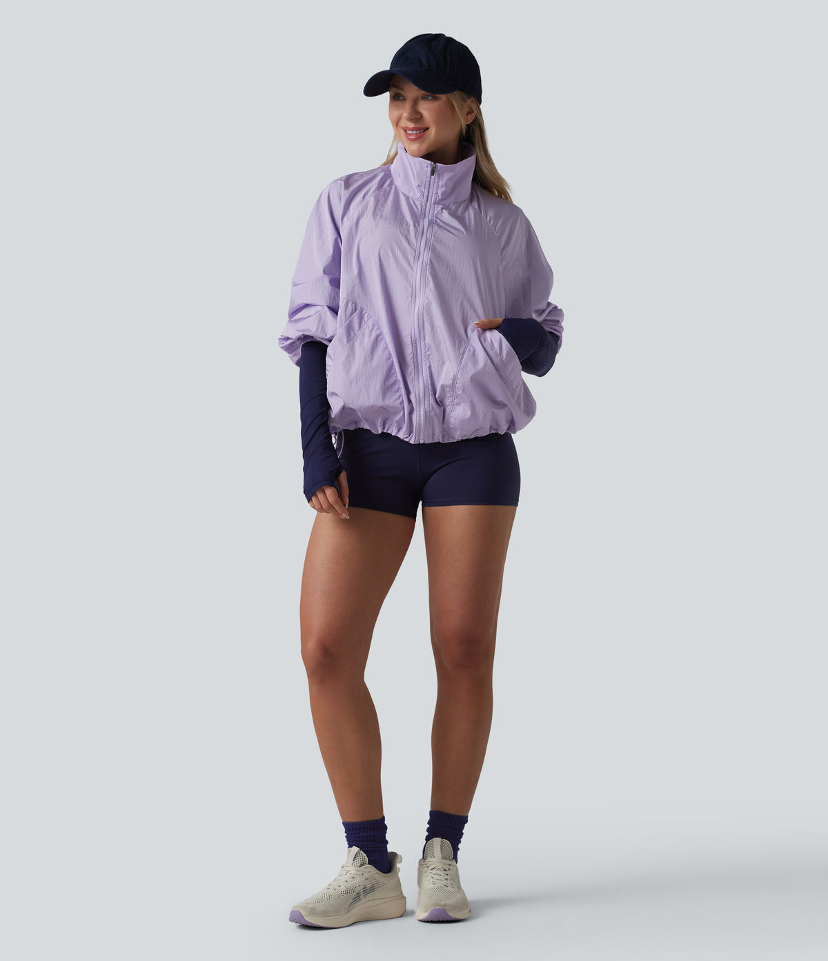Durable Water Repellent Stand Collar Long Sleeve Zipper Workout Jacket with Pockets — Pastel Lilac — view 8