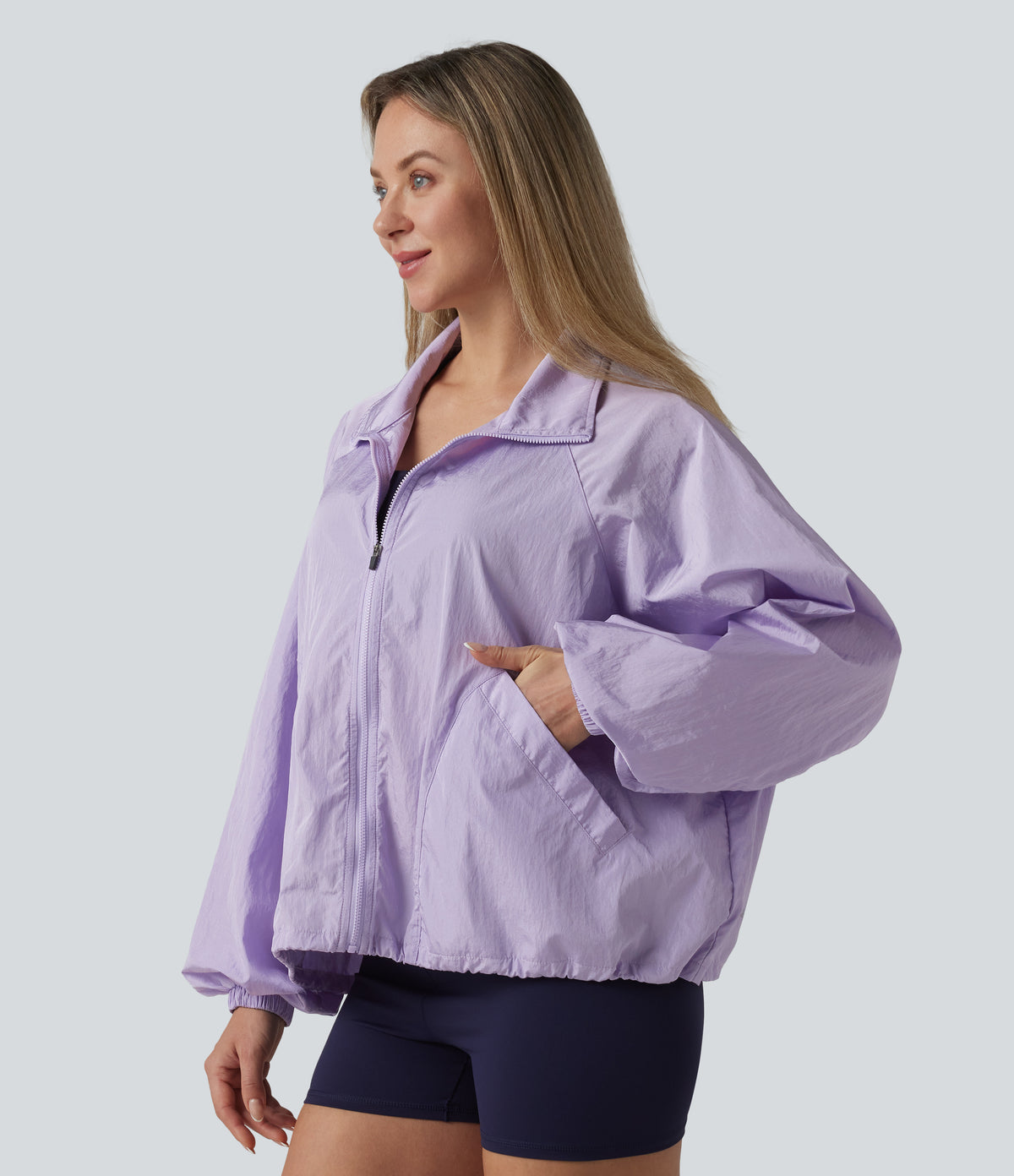 Durable Water Repellent Stand Collar Long Sleeve Zipper Workout Jacket with Pockets — Pastel Lilac — view 6