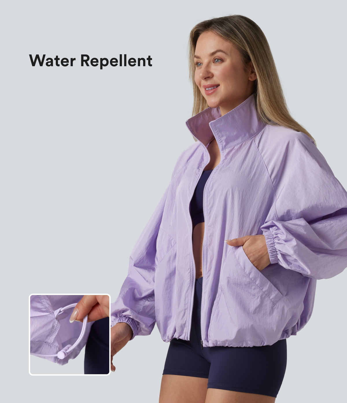 Durable Water Repellent Stand Collar Long Sleeve Zipper Workout Jacket with Pockets — Pastel Lilac — view 1