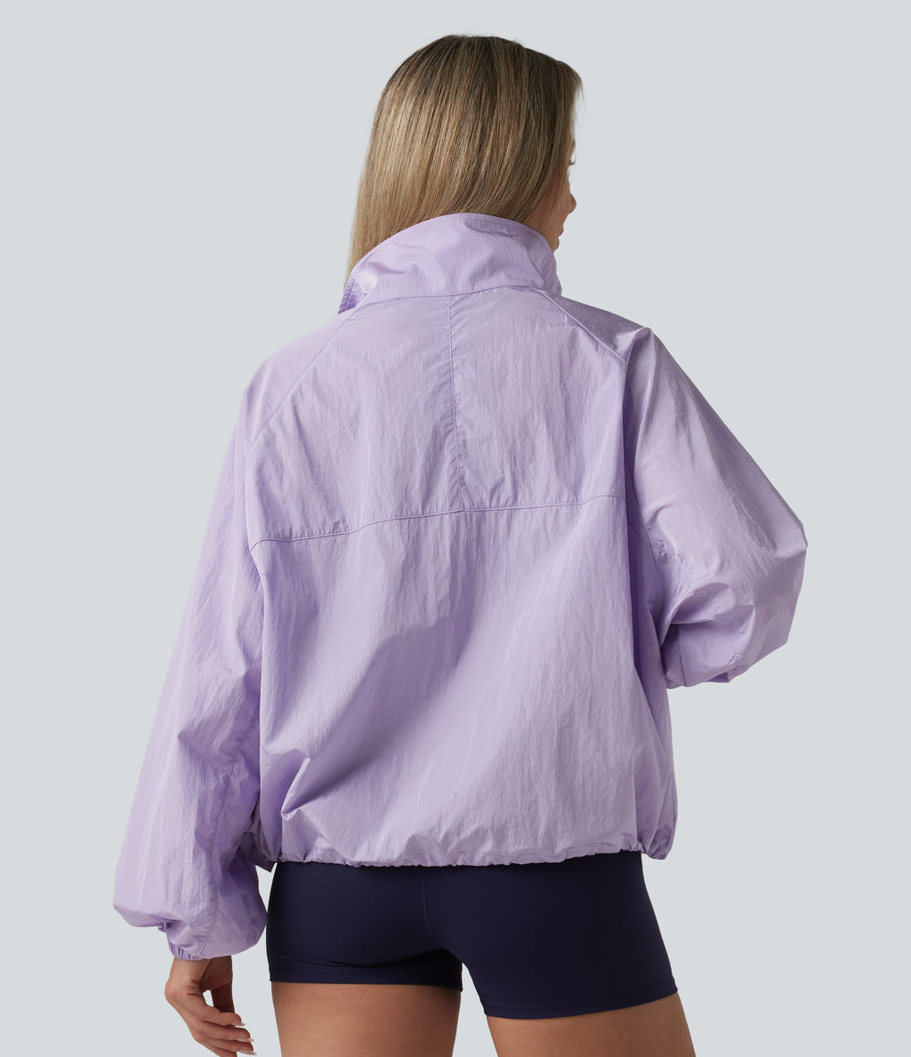 Durable Water Repellent Stand Collar Long Sleeve Zipper Workout Jacket with Pockets — Pastel Lilac — view 2