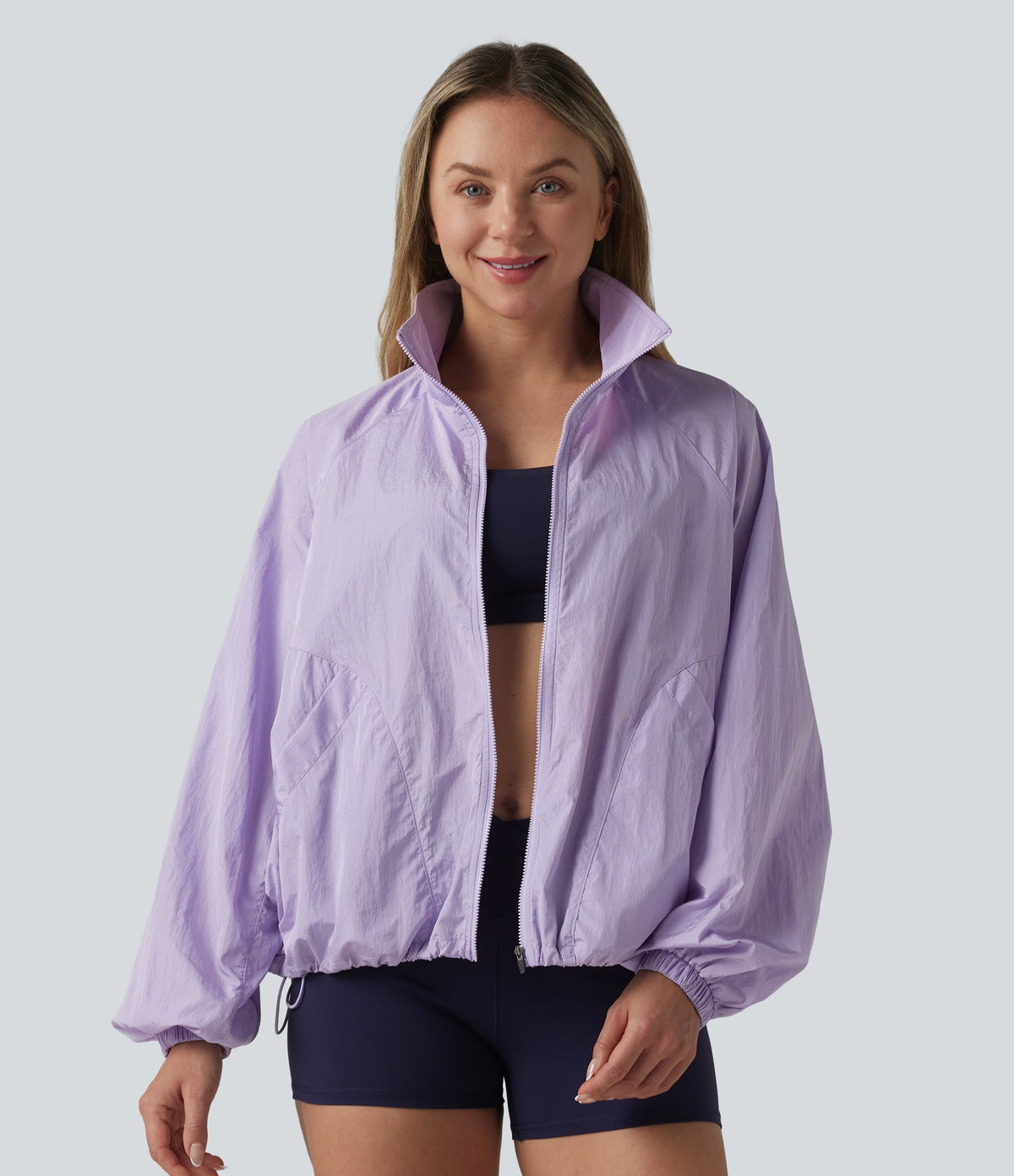 Durable Water Repellent Stand Collar Long Sleeve Zipper Workout Jacket with Pockets — Pastel Lilac — view 3