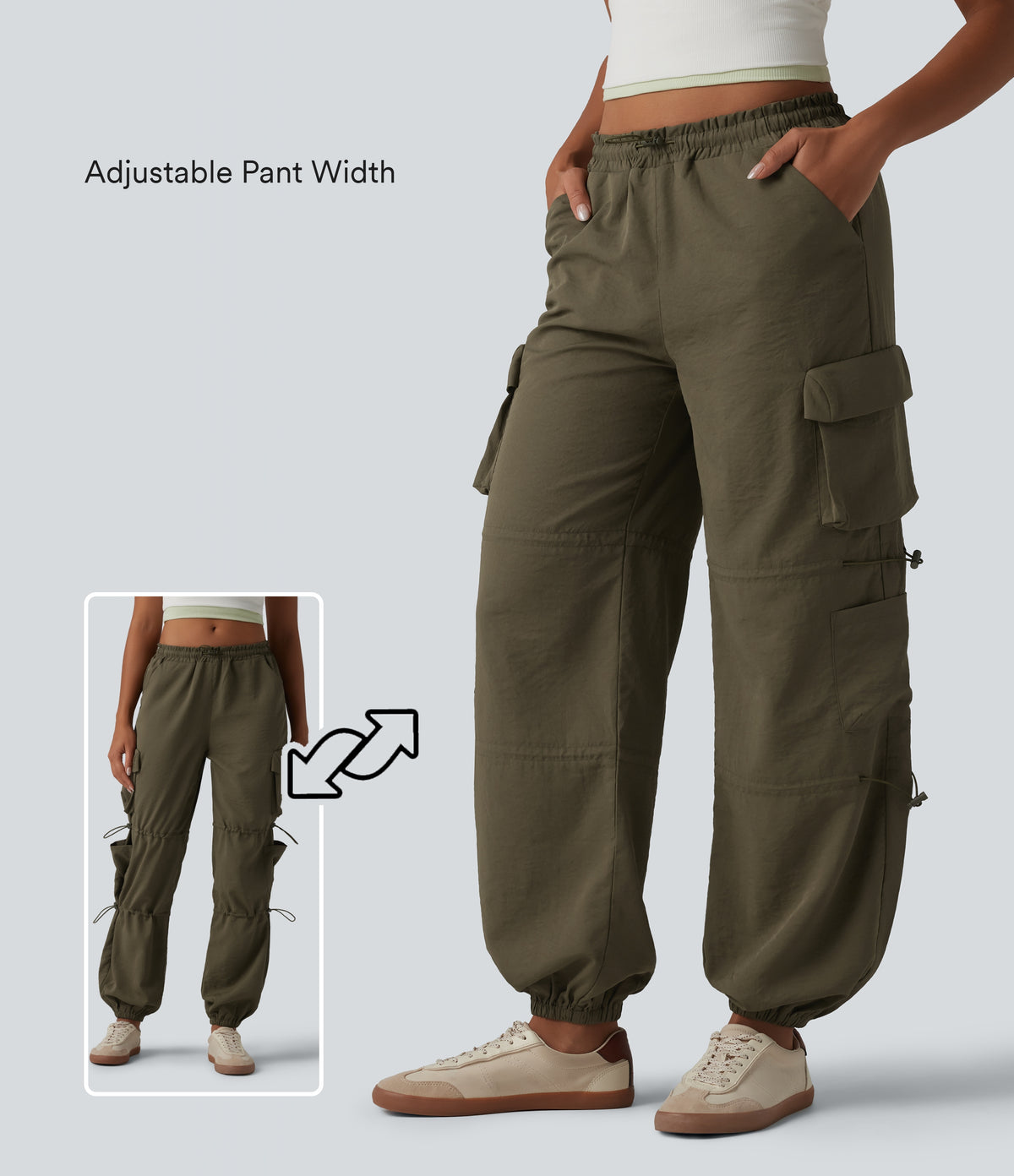 Mid Rise Adjustable Drawcord Casual Cargo Joggers with Pockets — Ivy Green — view 1