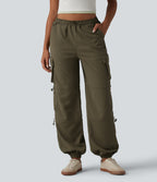 Mid Rise Adjustable Drawcord Casual Cargo Joggers with Pockets — Ivy Green — view 3