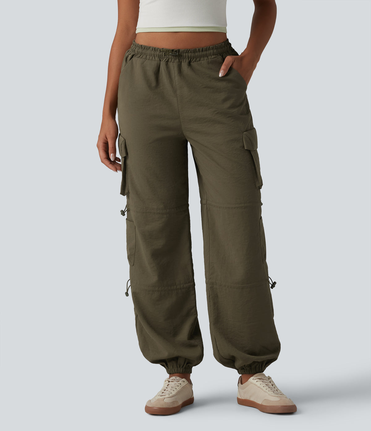 Mid Rise Adjustable Drawcord Casual Cargo Joggers with Pockets — Ivy Green — view 3