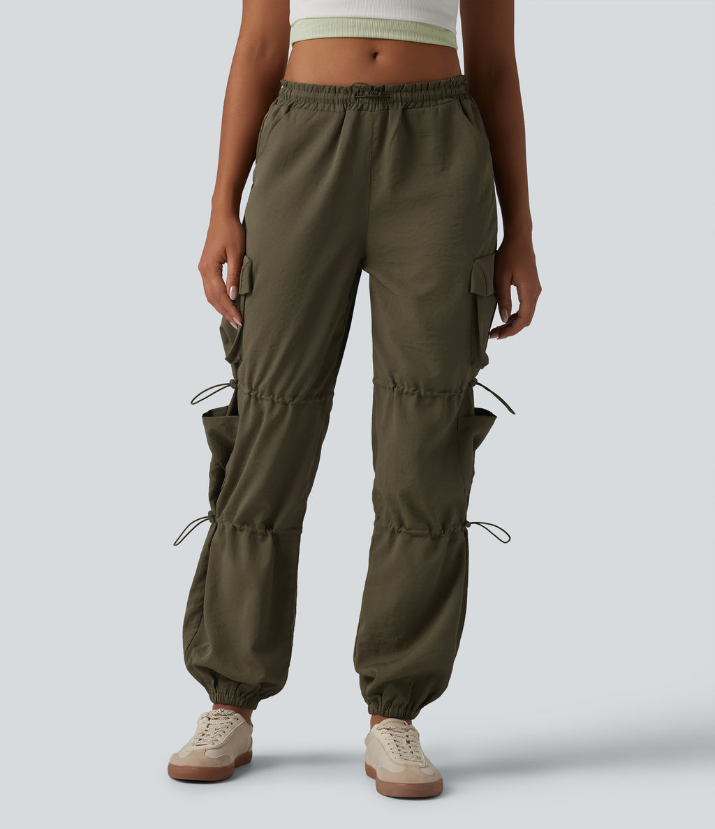 Mid Rise Adjustable Drawcord Casual Cargo Joggers with Pockets — Ivy Green — view 4