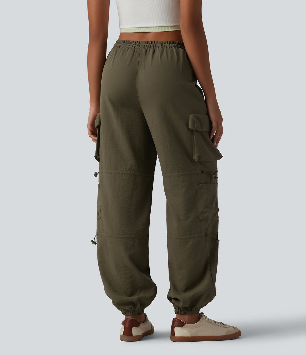 Mid Rise Adjustable Drawcord Casual Cargo Joggers with Pockets — Ivy Green — view 2