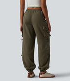 Mid Rise Adjustable Drawcord Casual Cargo Joggers with Pockets — Ivy Green — view 2