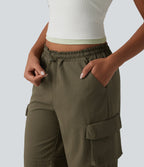 Mid Rise Adjustable Drawcord Casual Cargo Joggers with Pockets — Ivy Green — view 5