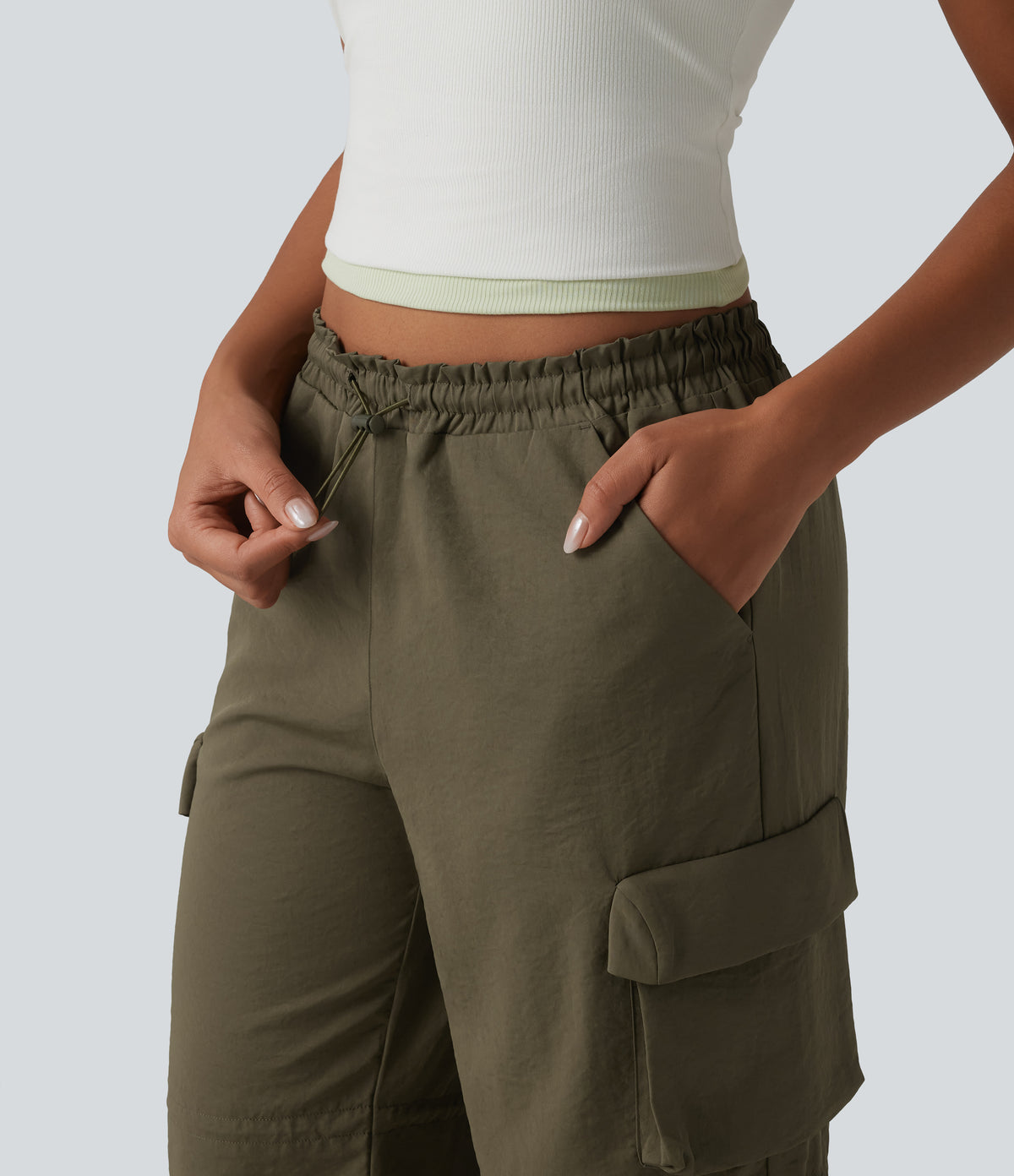 Mid Rise Adjustable Drawcord Casual Cargo Joggers with Pockets — Ivy Green — view 5