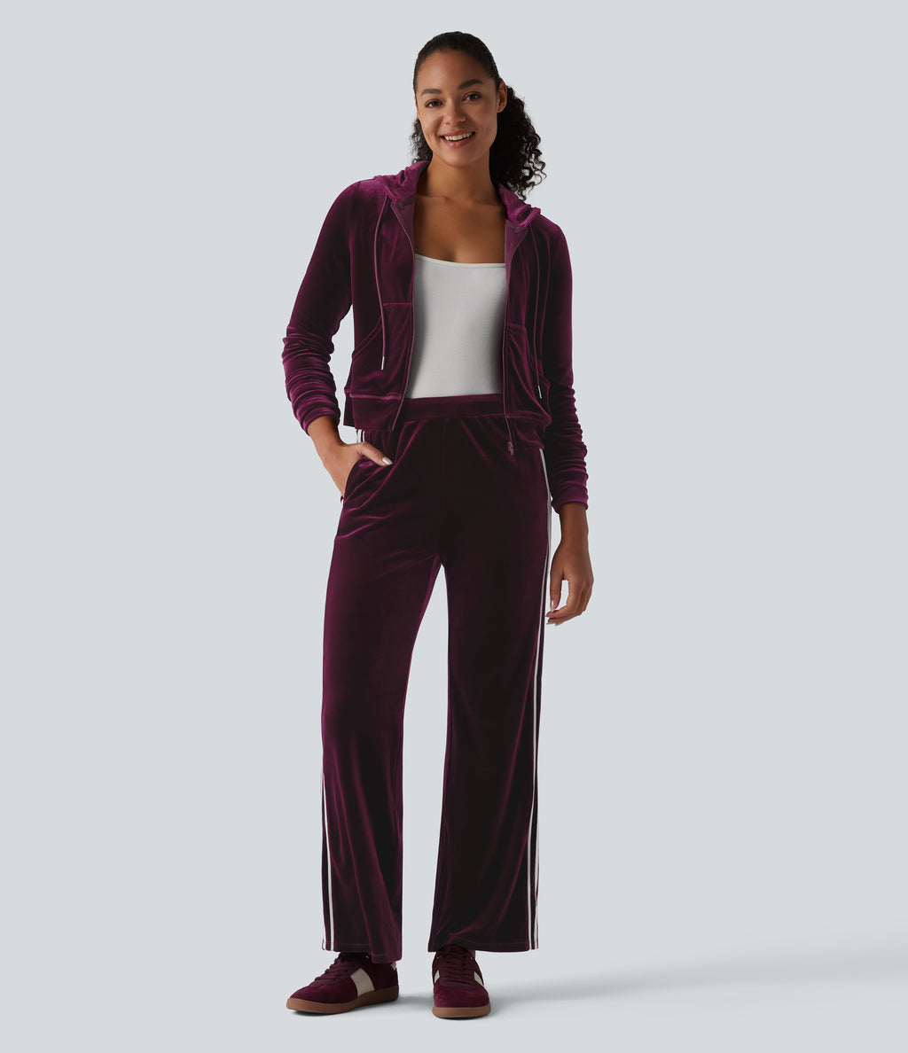 Low Rise Color Block Stripes Velvet Casual Flare Trousers with Pockets — Dusky purple — view 7