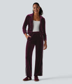 Low Rise Color Block Stripes Velvet Casual Flare Trousers with Pockets — Dusky purple — view 7