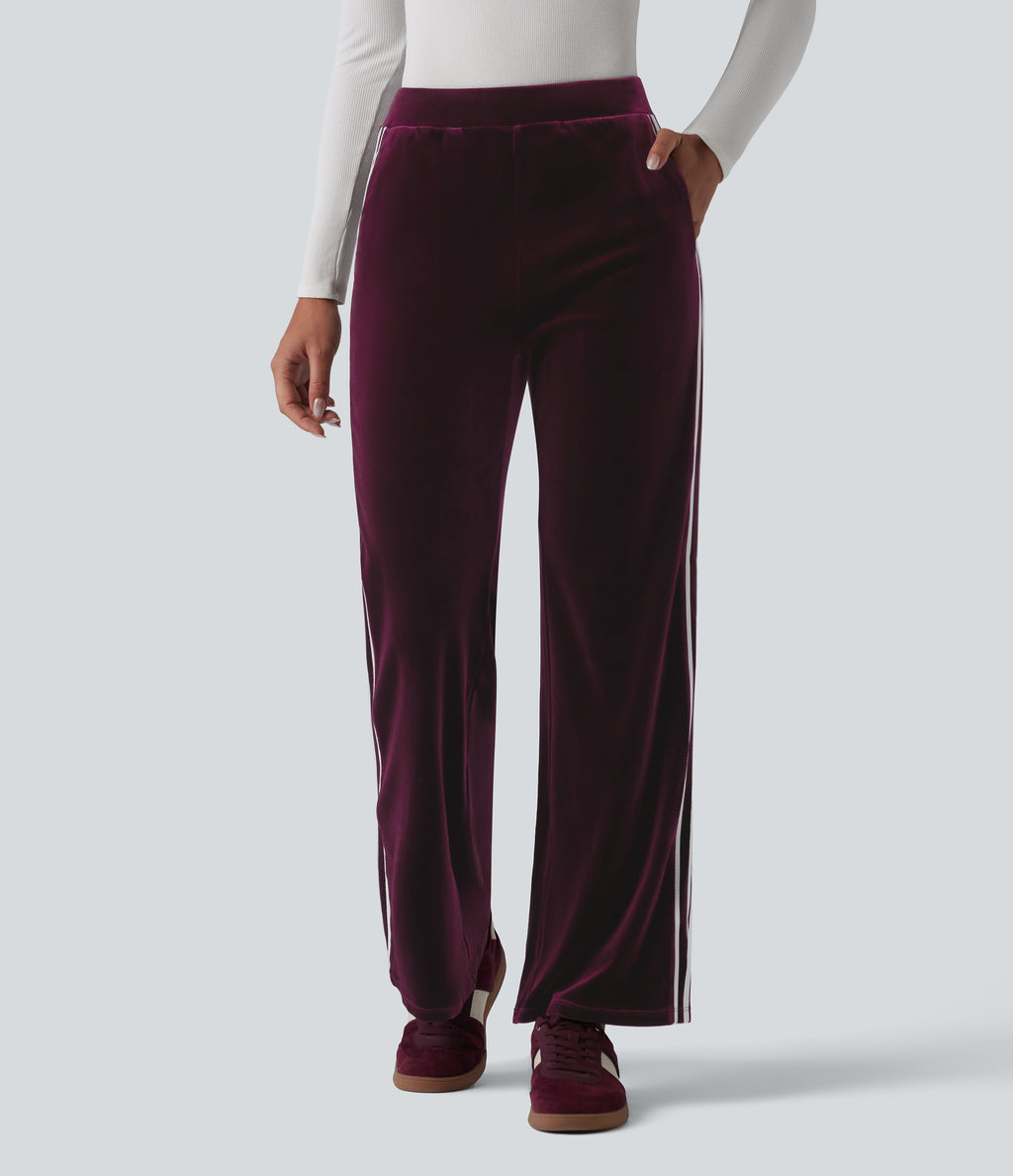 Low Rise Color Block Stripes Velvet Casual Flare Trousers with Pockets — Dusky purple — view 3