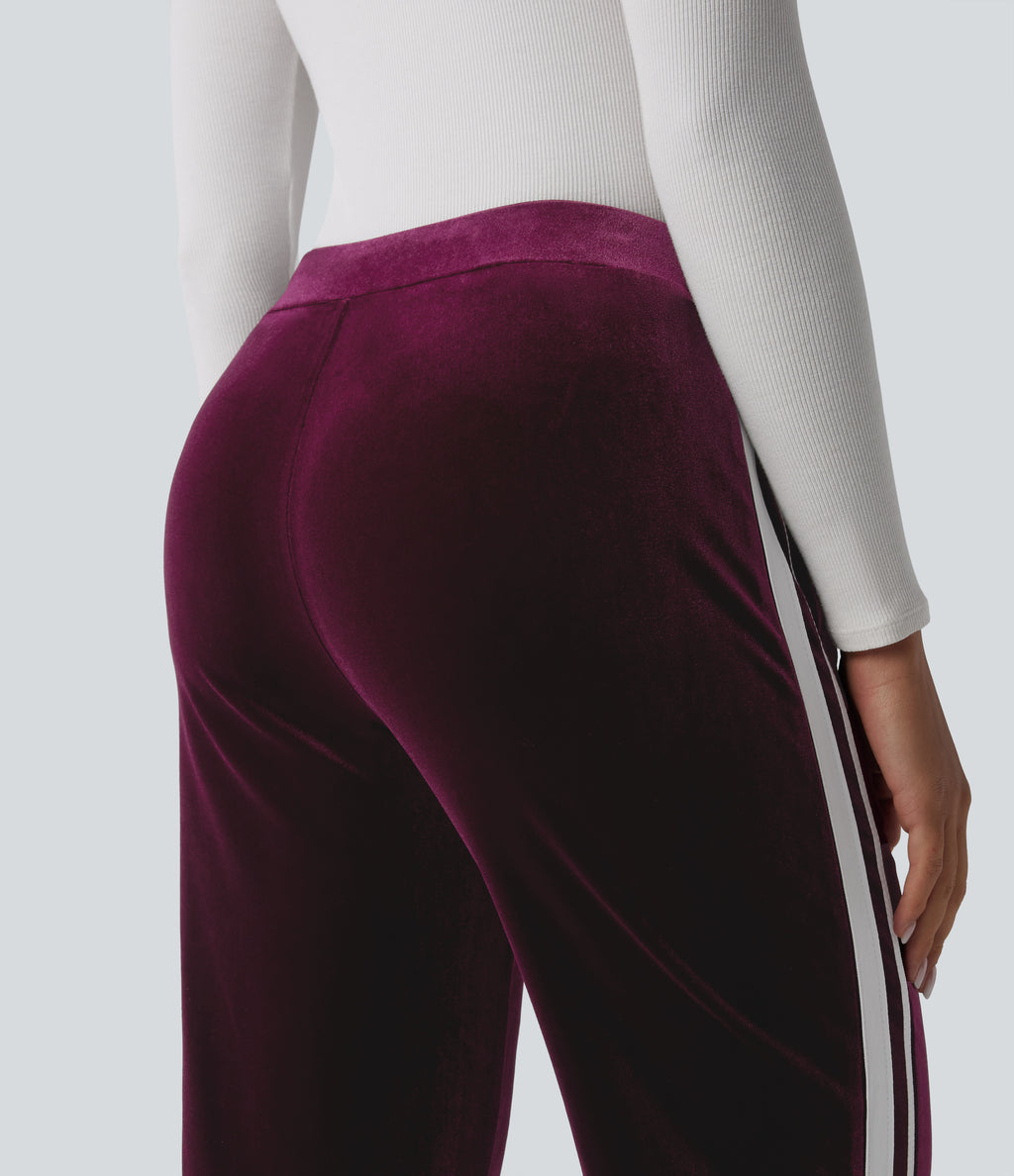 Low Rise Color Block Stripes Velvet Casual Flare Trousers with Pockets — Dusky purple — view 5