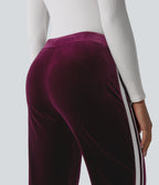 Low Rise Color Block Stripes Velvet Casual Flare Trousers with Pockets — Dusky purple — view 5