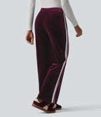 Low Rise Color Block Stripes Velvet Casual Flare Trousers with Pockets — Dusky purple — view 2