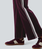 Low Rise Color Block Stripes Velvet Casual Flare Trousers with Pockets — Dusky purple — view 6