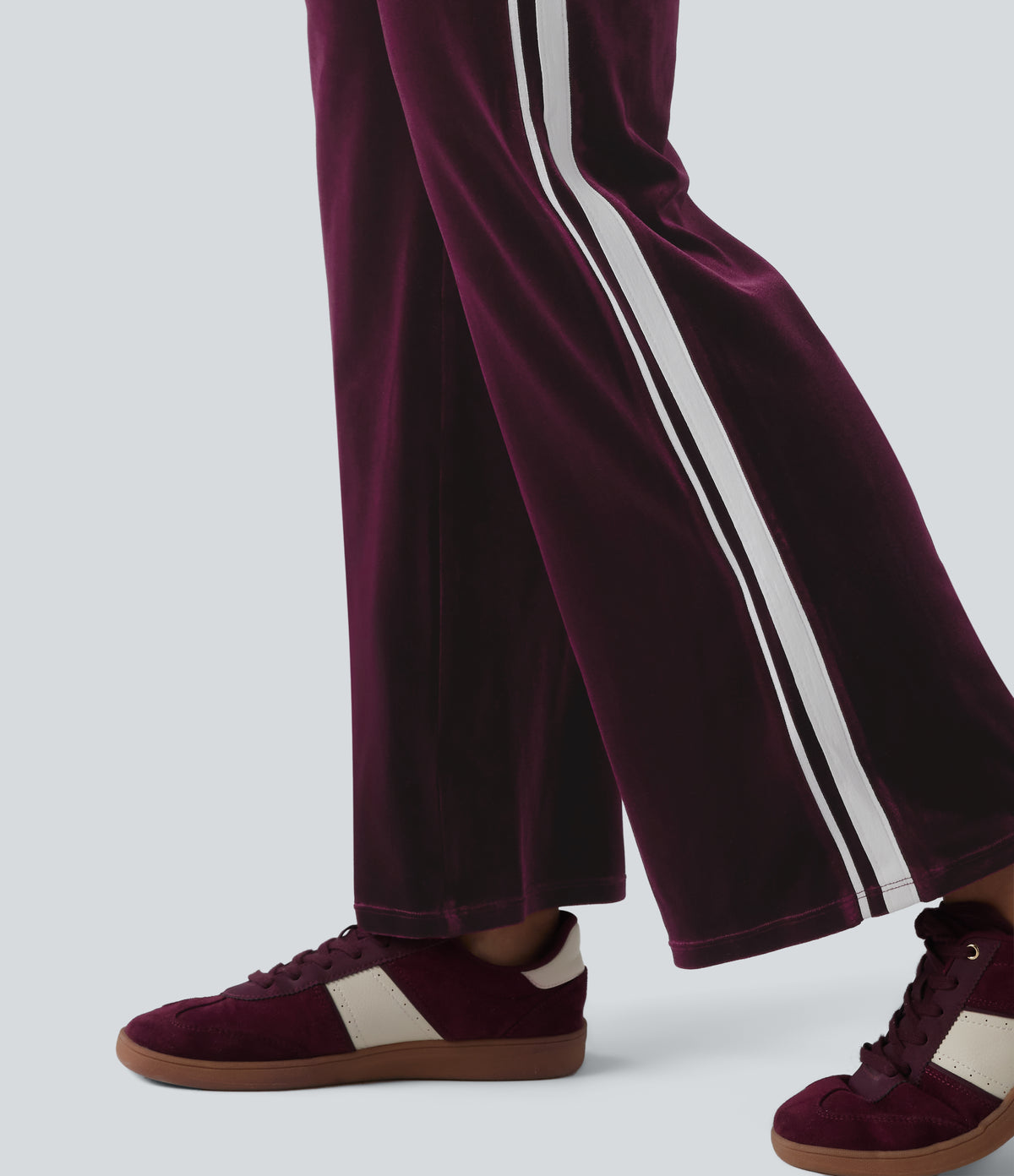 Low Rise Color Block Stripes Velvet Casual Flare Trousers with Pockets — Dusky purple — view 6