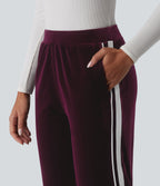 Low Rise Color Block Stripes Velvet Casual Flare Trousers with Pockets — Dusky purple — view 4