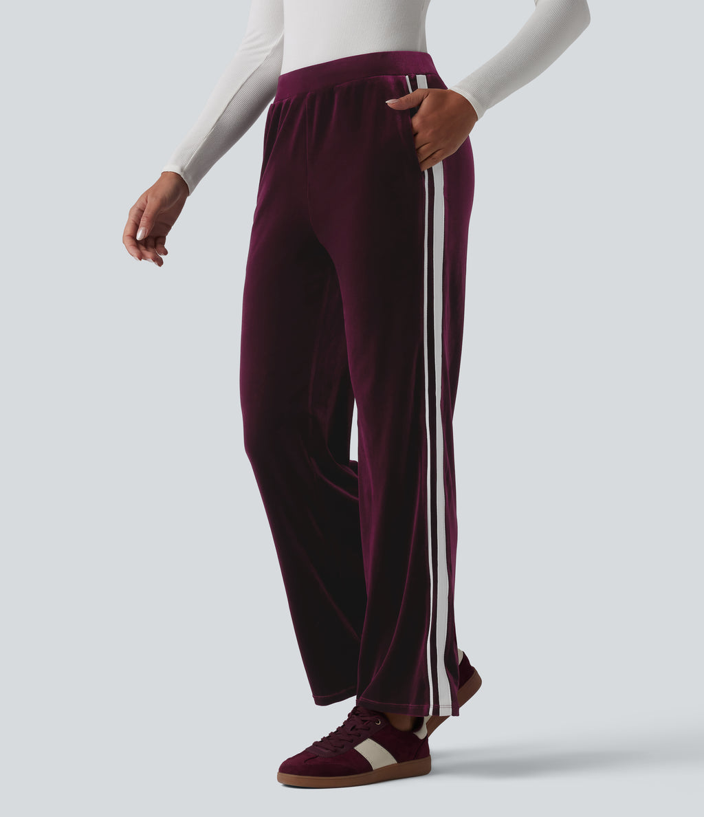 Low Rise Color Block Stripes Velvet Casual Flare Trousers with Pockets — Dusky purple — view 1