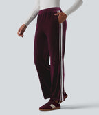 Low Rise Color Block Stripes Velvet Casual Flare Trousers with Pockets — Dusky purple — view 1