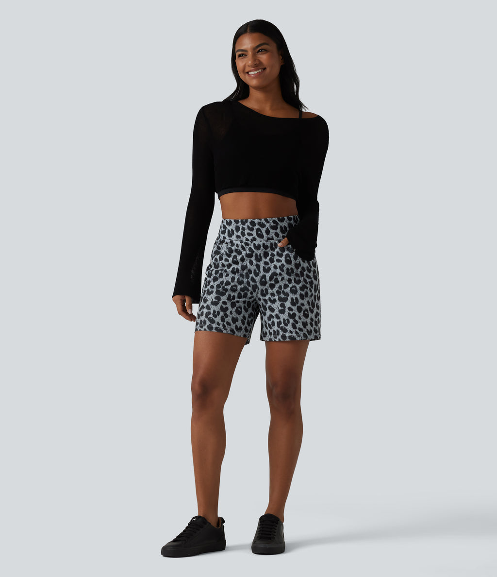 High Waisted Leopard Waffle Casual Baggy Shorts 5'' with Pockets — Frosted Panther — view 7