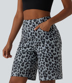 High Waisted Leopard Waffle Casual Baggy Shorts 10'' with Pockets — Frosted Panther — view 1