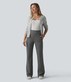 Mid Rise Plaid Flare Work Trousers with Pockets — Ashen Sky Mist — view 6