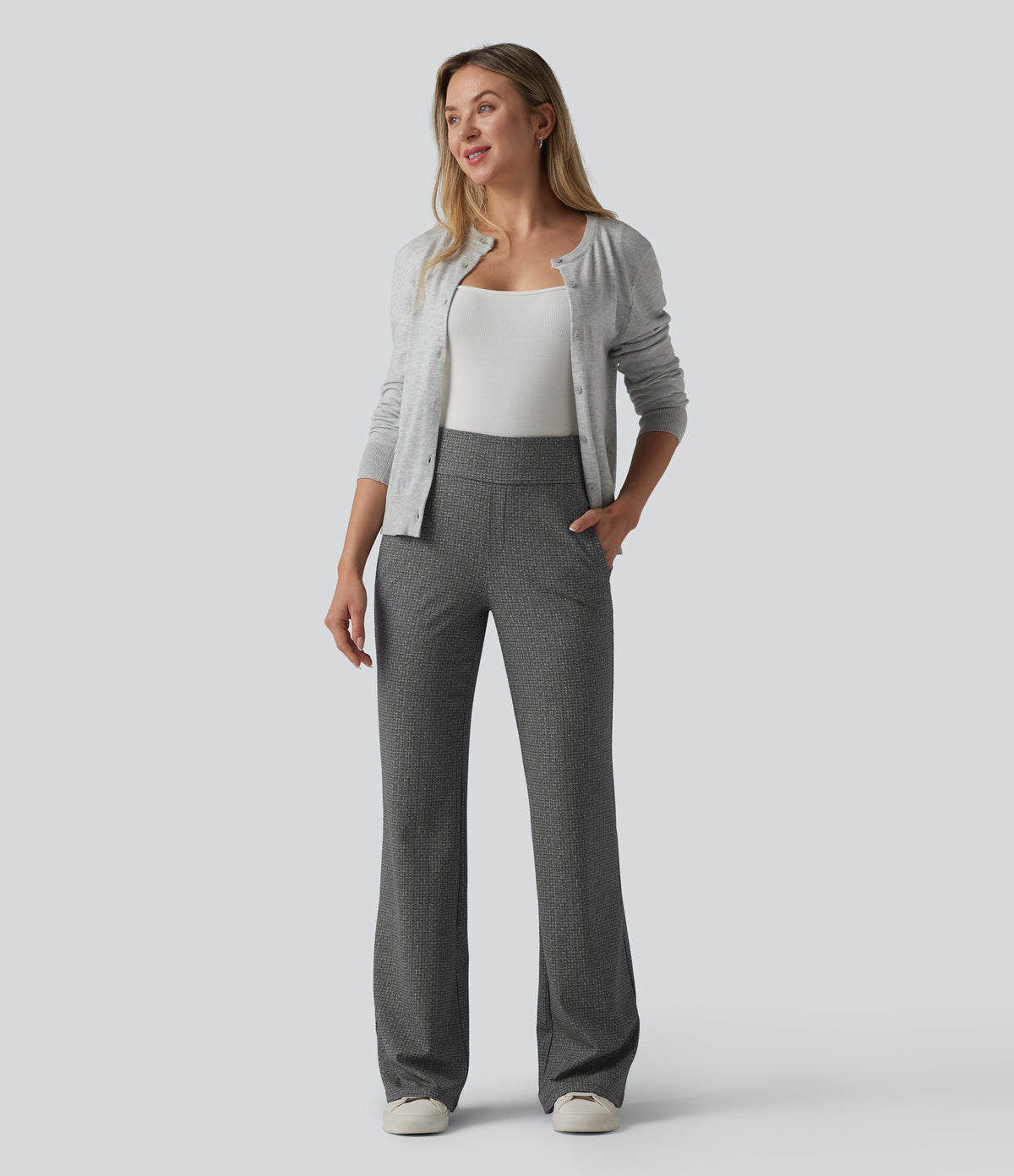 Mid Rise Plaid Flare Work Trousers with Pockets — Ashen Sky Mist — view 6