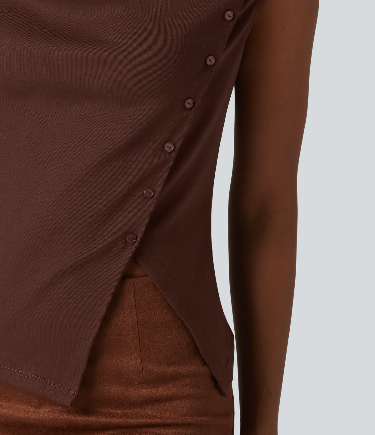 Cowl Neck Cap Sleeve Casual T-Shirt — Chocolate Fondant — view 5