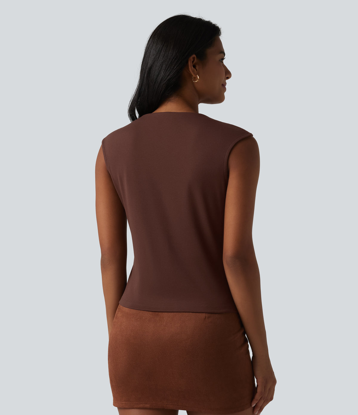Cowl Neck Cap Sleeve Casual T-Shirt — Chocolate Fondant — view 2