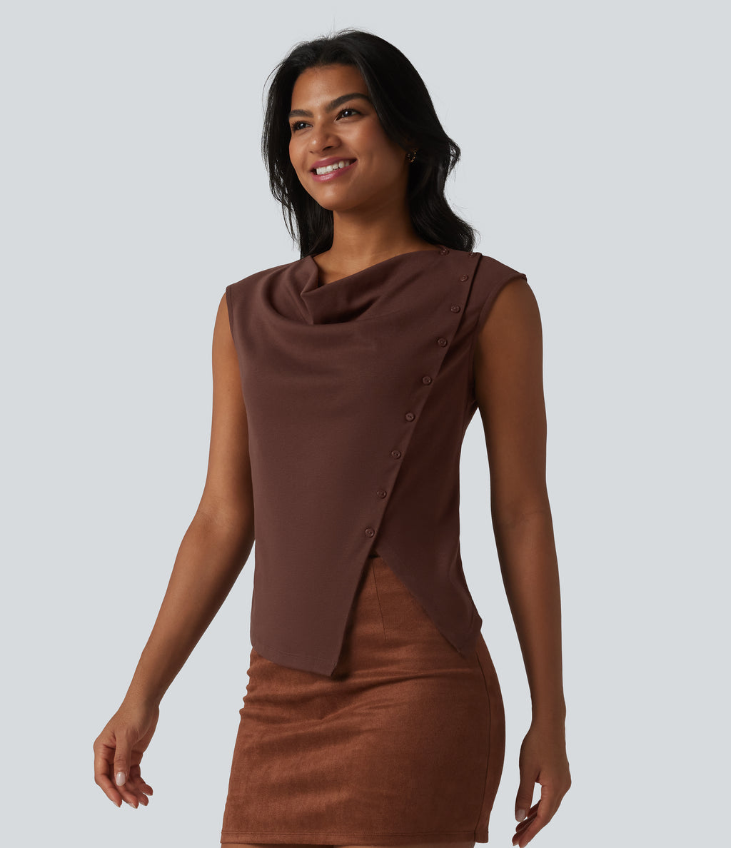 Cowl Neck Cap Sleeve Casual T-Shirt — Chocolate Fondant — view 4