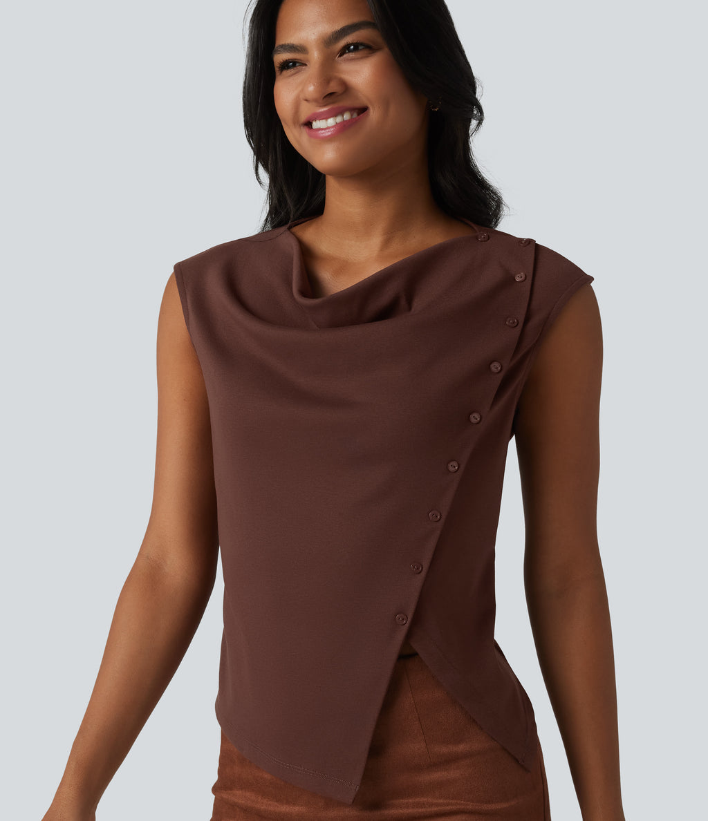 Cowl Neck Cap Sleeve Casual T-Shirt — Chocolate Fondant — view 1