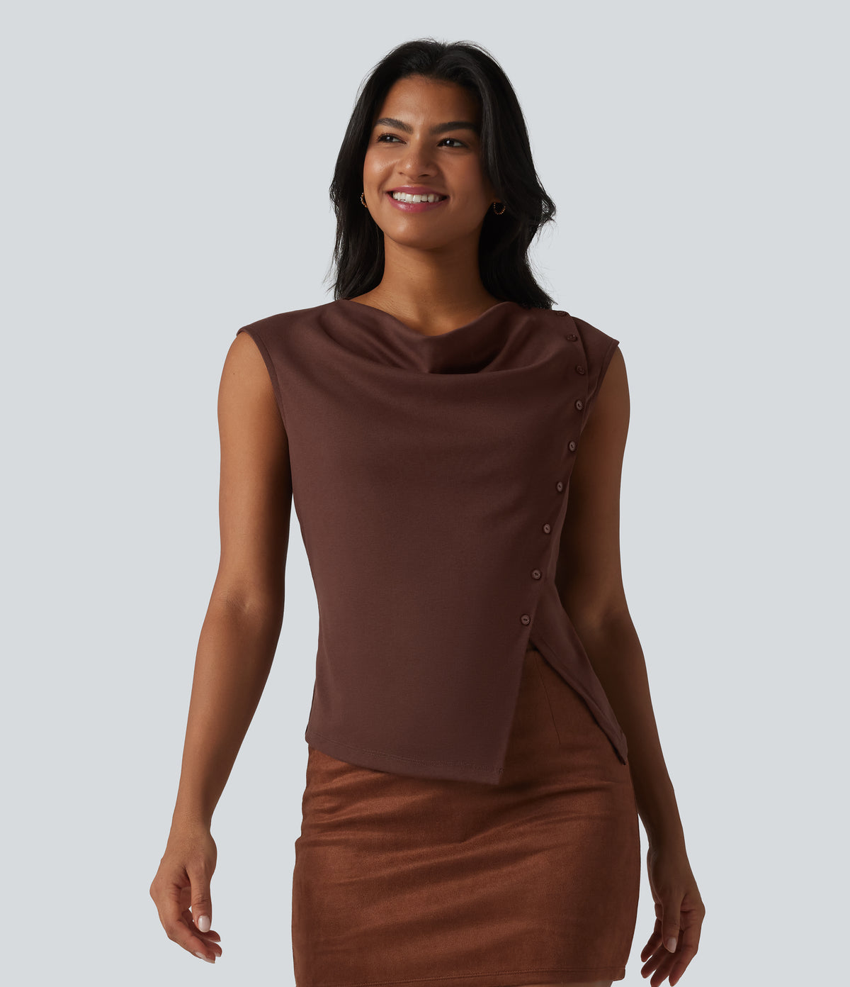 Cowl Neck Cap Sleeve Casual T-Shirt — Chocolate Fondant — view 3