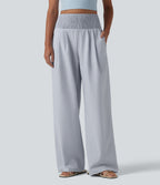 High Waisted Shirred Wide Leg Quick Dry Crinkle Casual Trousers with Pockets — Powder Blue Solid — view 1