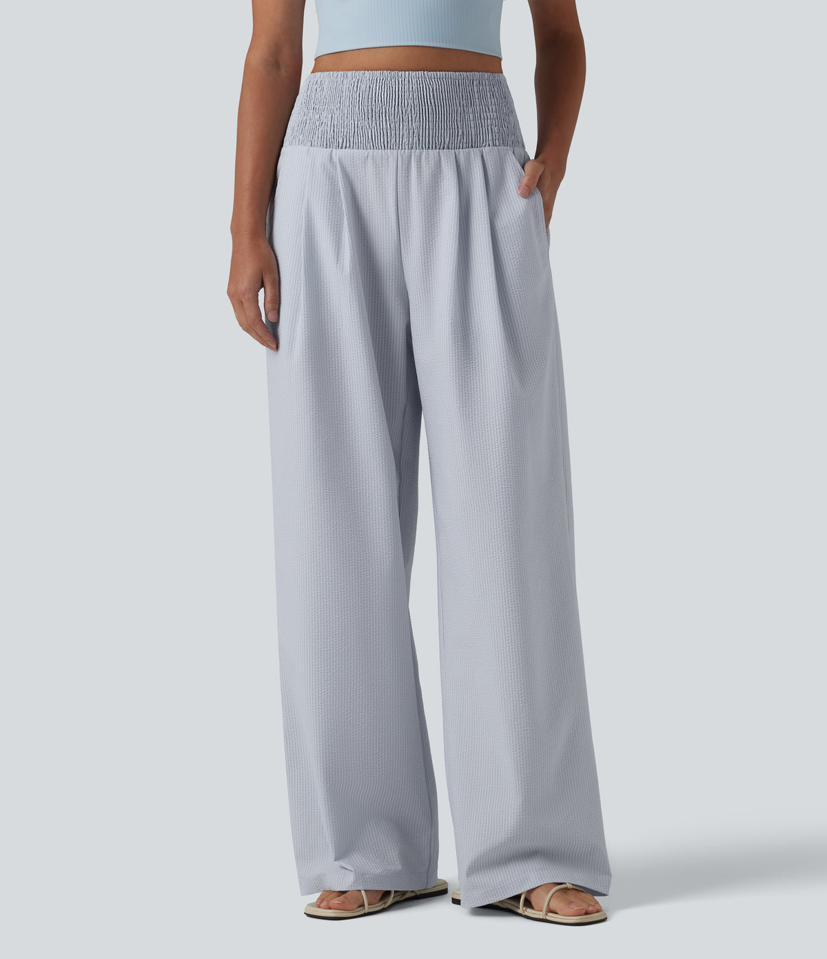 High Waisted Shirred Wide Leg Quick Dry Crinkle Casual Trousers with Pockets — Powder Blue Solid — view 1