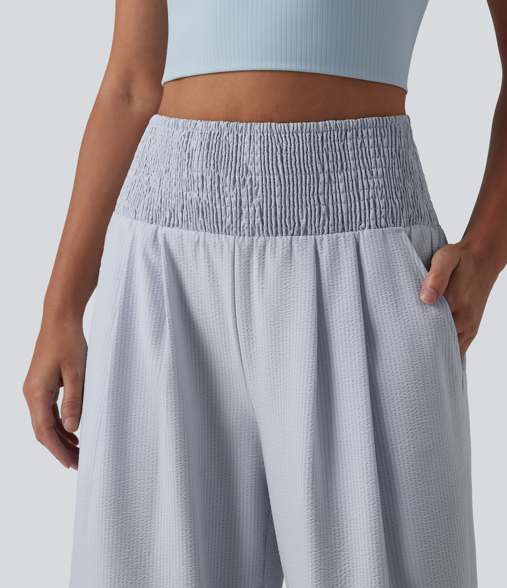 High Waisted Shirred Wide Leg Quick Dry Crinkle Casual Trousers with Pockets — Powder Blue Solid — view 4