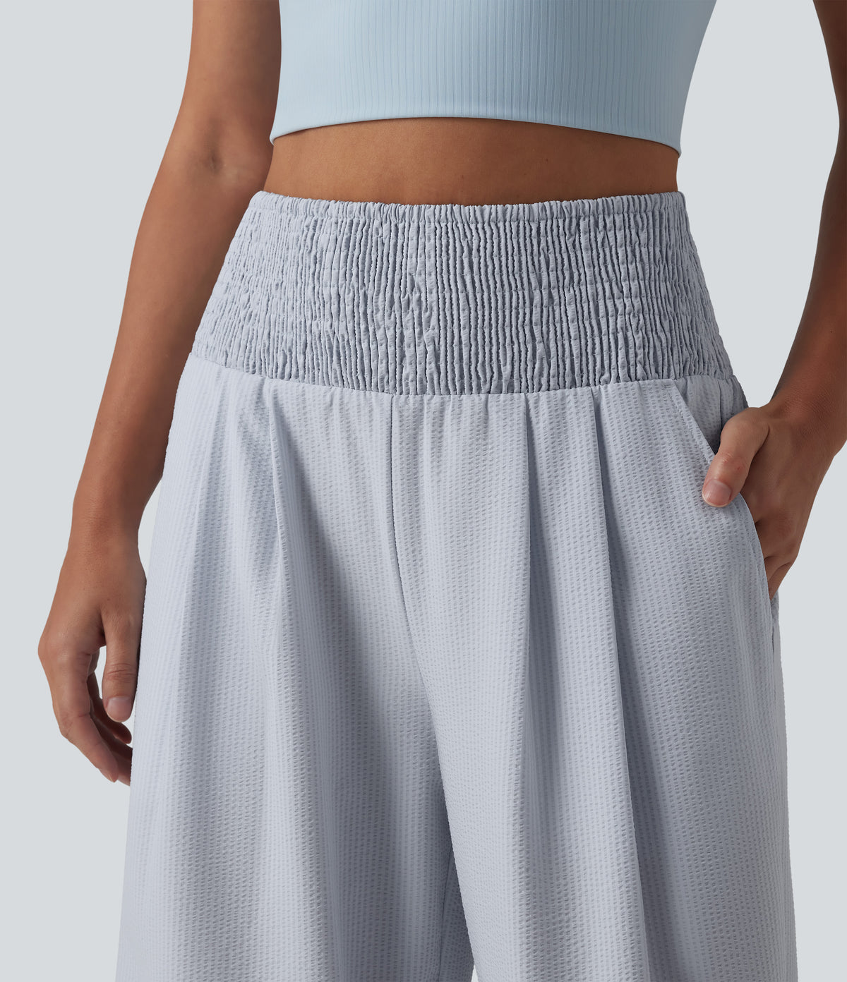 High Waisted Shirred Wide Leg Quick Dry Crinkle Casual Trousers with Pockets — Powder Blue Solid — view 4