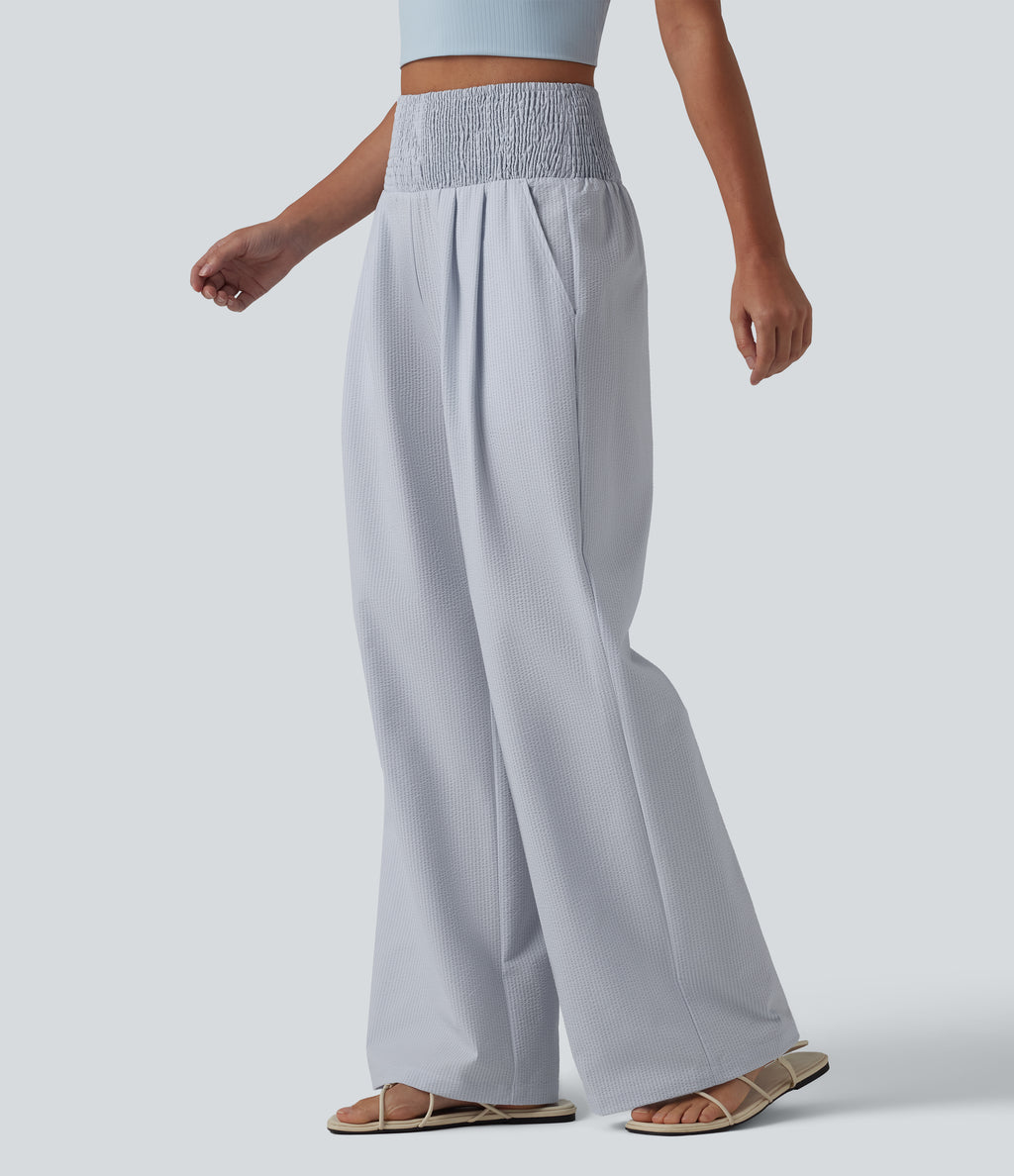 High Waisted Shirred Wide Leg Quick Dry Crinkle Casual Trousers with Pockets — Powder Blue Solid — view 3