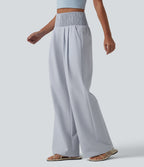 High Waisted Shirred Wide Leg Quick Dry Crinkle Casual Trousers with Pockets — Powder Blue Solid — view 3